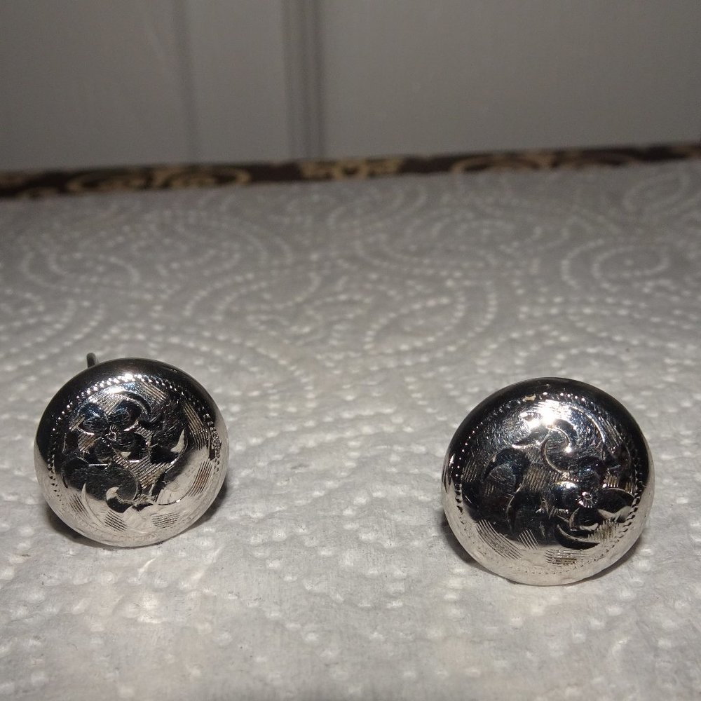 Vtg. Rainbow Sterling Etched Button Earrings